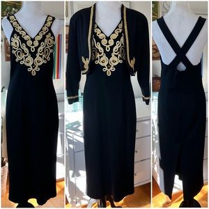 Vintage 90s Outlander Evening Black Halter Dress & Bolero Jacket Gold Embroidery